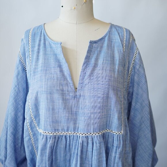 Zara Balloon Sleeves Tunic Top Split Neck Blue S Bohemian Prairiecore Casual - Picture 4 of 9